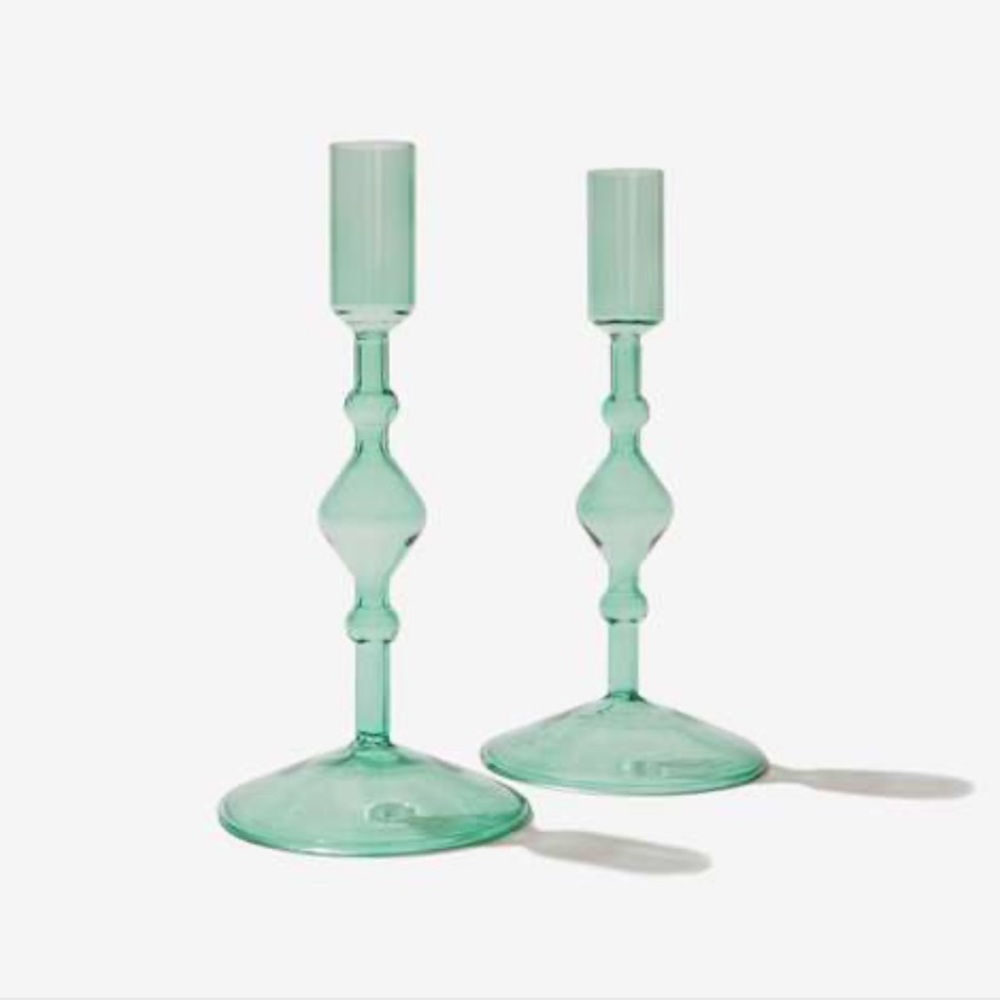 Hand blown glass candle stick holder green